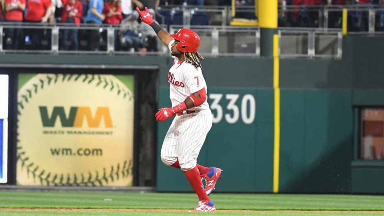 Philadelphia, Pennsylvania, USA. 25th June, 2019. Philadelphia Phillies' Brad  Miller (33) reacts to hitting a home run during the MLB game between the  New York Mets and Philadelphia Phillies at Citizens Bank